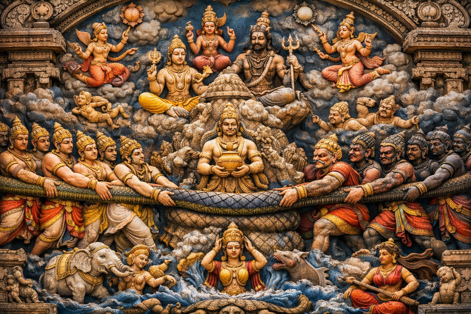 The cosmic churning depicted in ancient temple relief sculpture showing gods and demons cooperating